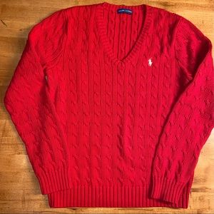 Ralph Lauren Red V-Neck Cotton Cable Sweater